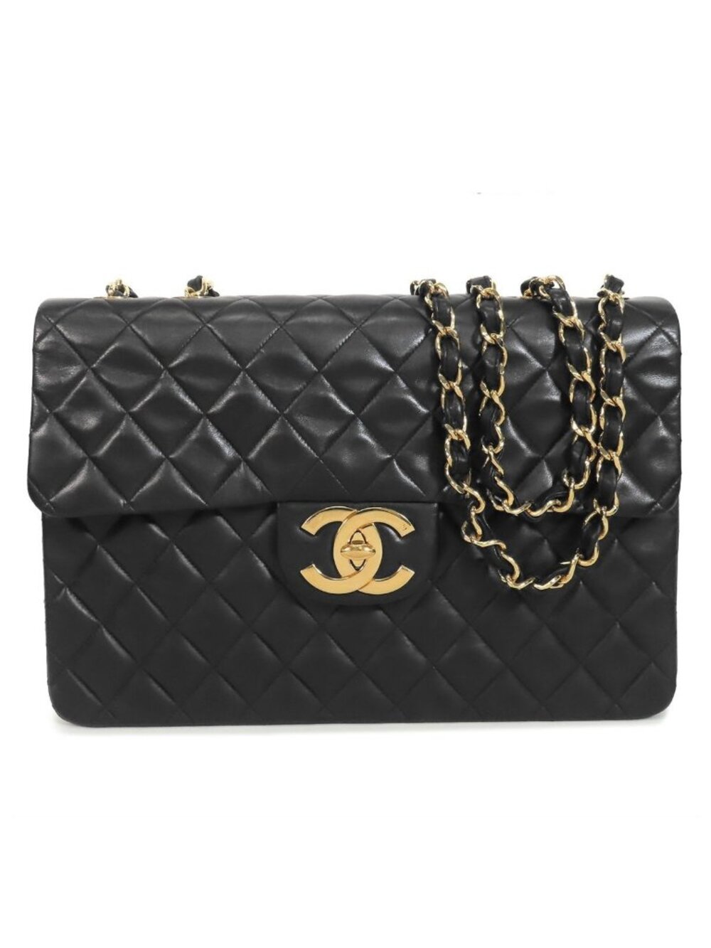 Chanel Chain Black Gold Lambskin Maxi Quilted 34 Shoulder Bag Vintage